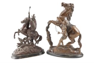 After Guillaume Coustou the Elder (1677 - 1746) "Marly Horses", a cast and cold-painted spelter