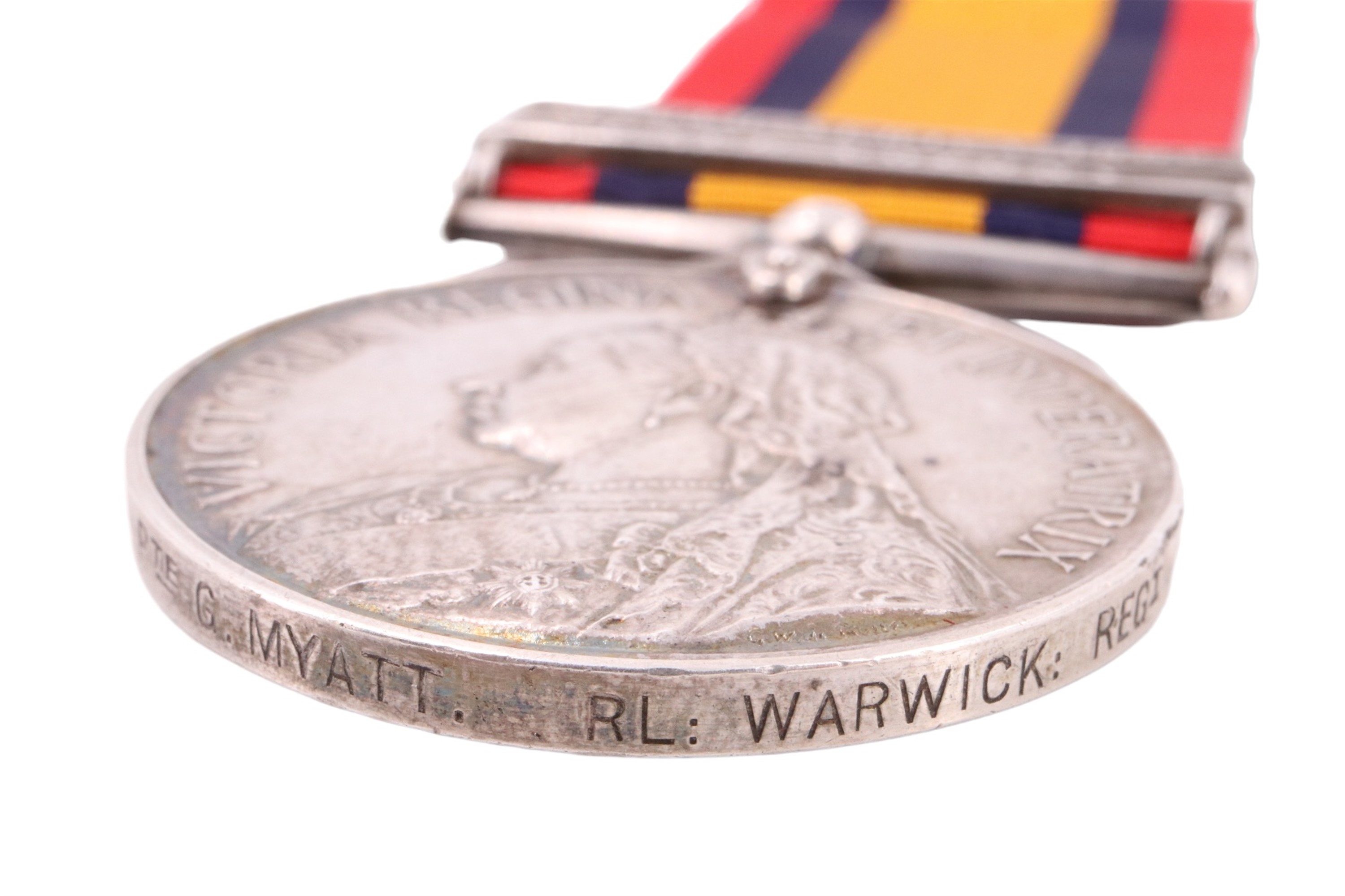 A Queen's South Africa Medal with two clasps to 6233 Pte G Myatt, Rl Warwick Regt, with research - Image 4 of 7