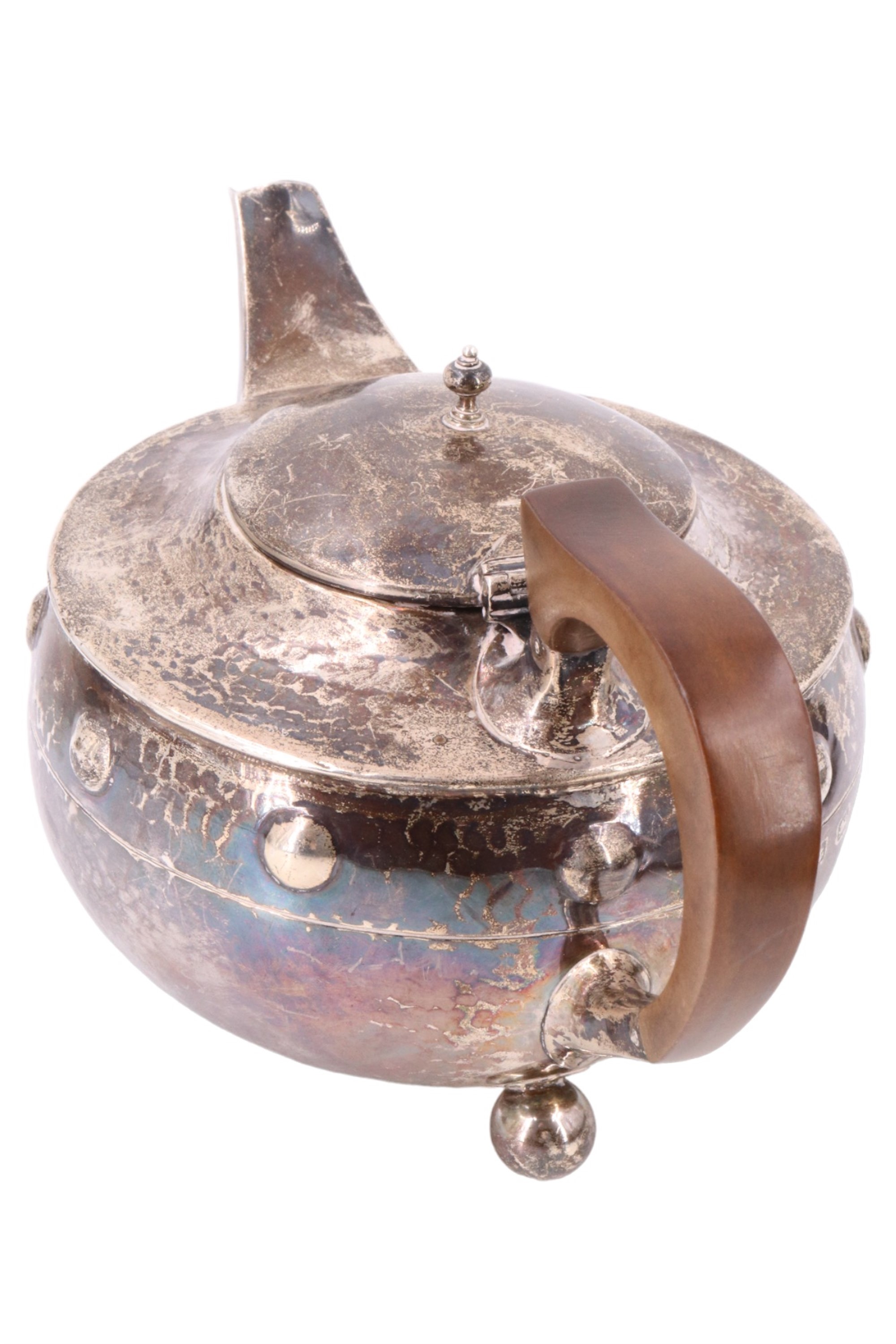 An Arts and Crafts silver bachelor tea set, of shouldered ovoid form and having a planished finish - Image 3 of 9