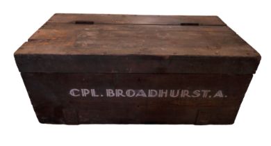 An early 20th Century iron bound pine military chest, the front stencilled 'Cpl Broadhurst A'