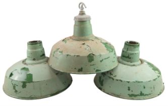 Three industrial enamelled steel pendant shades, 41 x 26 cm (a/f)