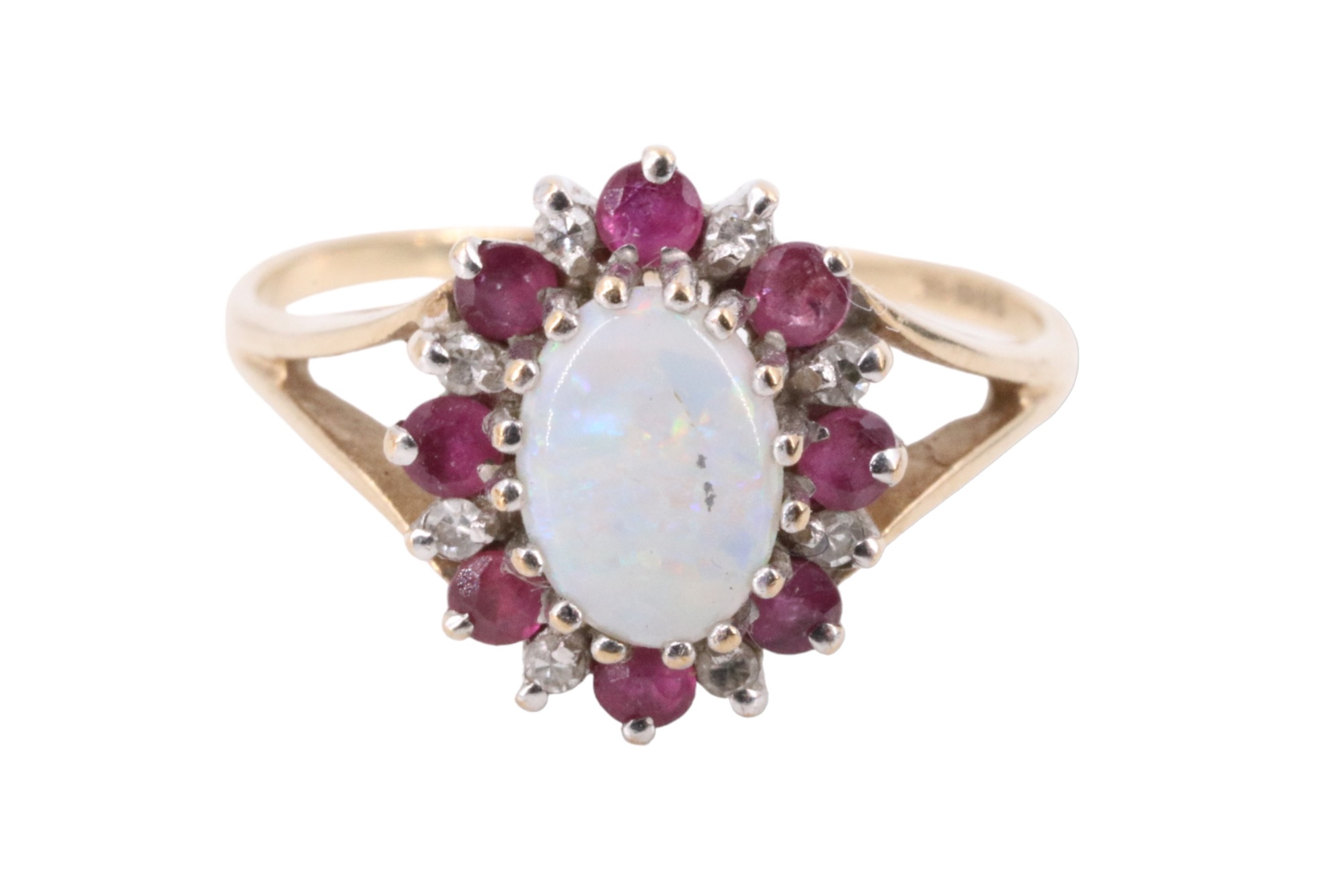 An opal ruby and diamond cluster ring, comprising an oval opal cabochon of approximately 6 mm x 4 - Image 2 of 5