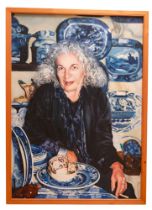 Jane Hartley ( 20th Century) "Angela Heskett", a piercing portrait of the sitter posed among blue