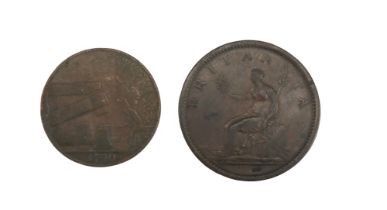 A 1790 John Wilkinson Iron Works copper Conder token together with an 1806 copper penny coin