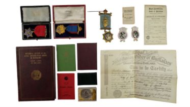 A quantity of Masonic items, comprising two enamelled RMIG steward's lapel badges, RAOB