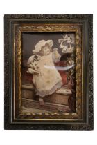 A Victorian crystoleum depicting a young girl sitting on a step with puppies, in a moulded and