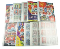 Ten albums of Match Attax, Adrenalyn XL (Panini), and Shoot-Out football trading cards, including an