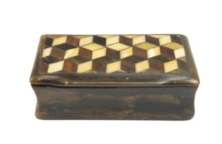 A Victorian horn snuffbox, the lid having horn 'tumbling blocks' parquetry decorated lid, 5 x 2.5