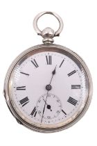 An early 20th Century white-metal pocket watch, having a key wound movement with white enamelled