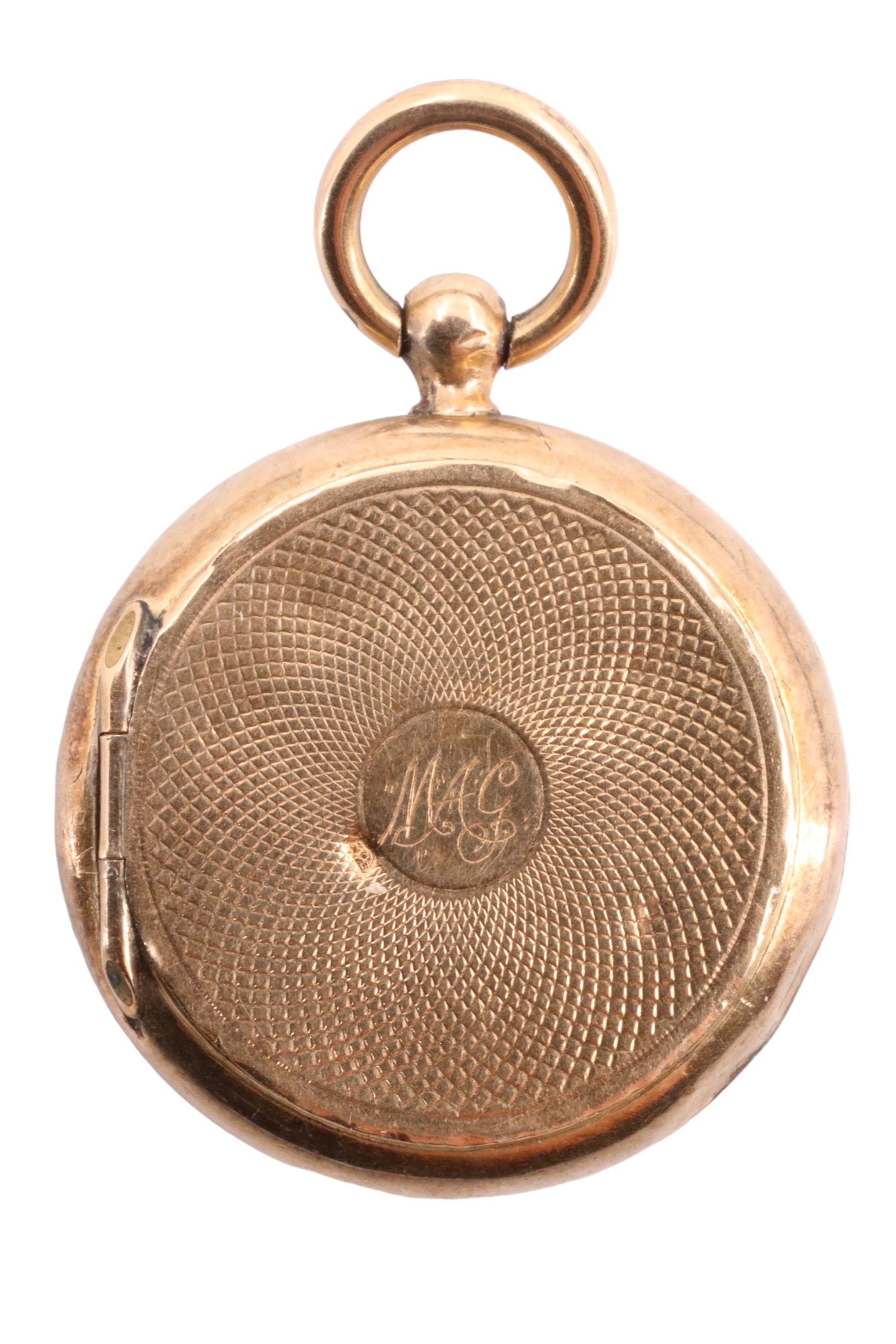 A vintage French gold triple locket, the front engraved with a church and house on a river - Image 2 of 3