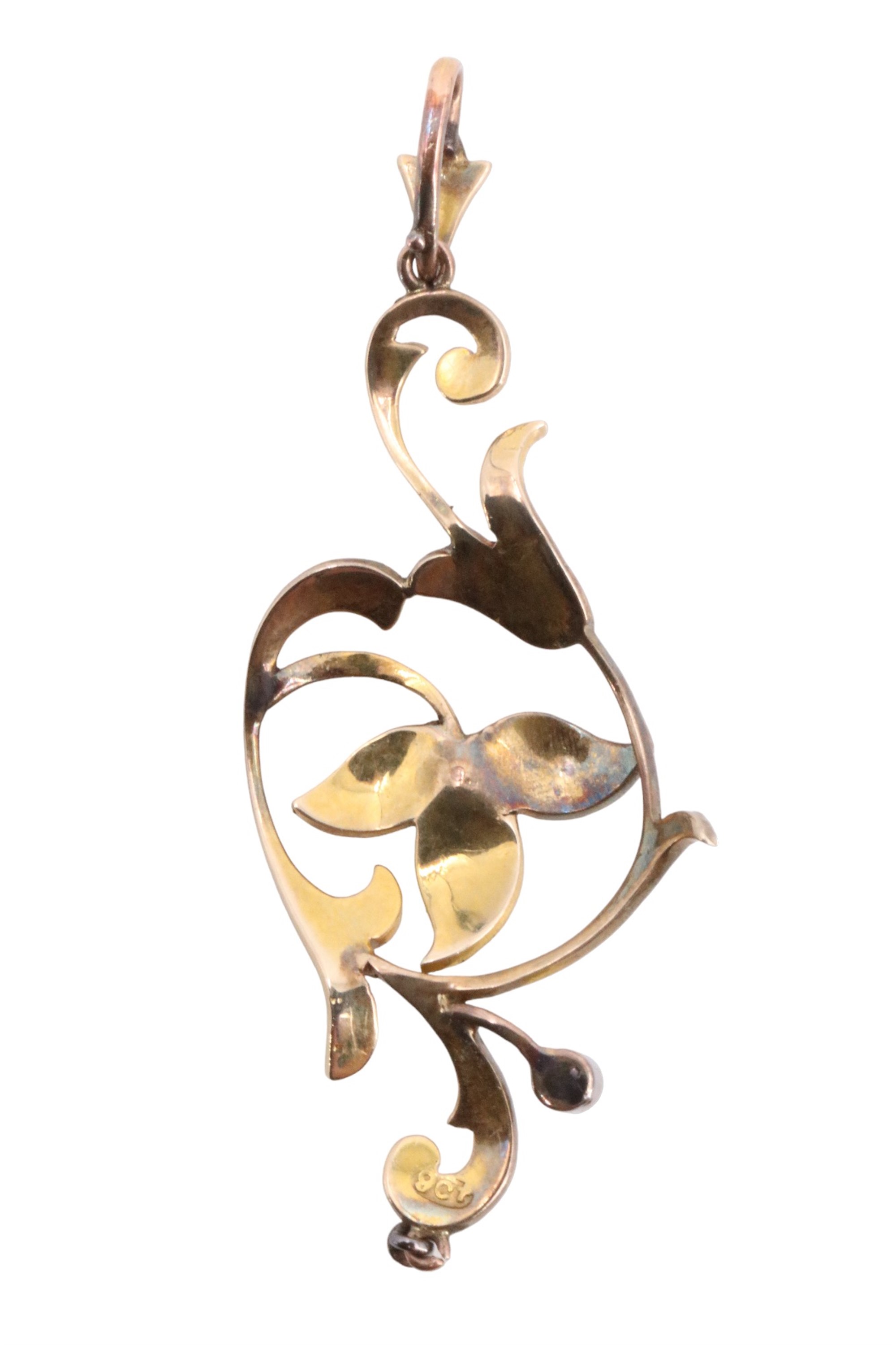 A Belle Époque pearl and yellow metal floral pendant, the scrolling openwork of petals set with seed - Image 2 of 2