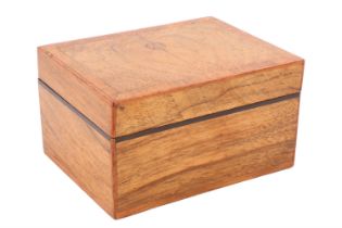 A small string-inlaid and cross-banded walnut table box, 13 cm x 9.5 cm x 7 cm