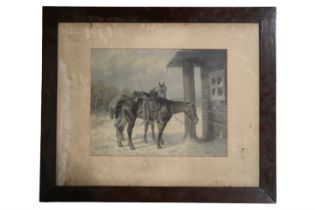 A 19th Century Russian winter scene of two military horses tethered outside a log cabin, the