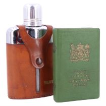 A vintage hide bound and stainless steel mounted glass hip flask together with a Post Office Savings