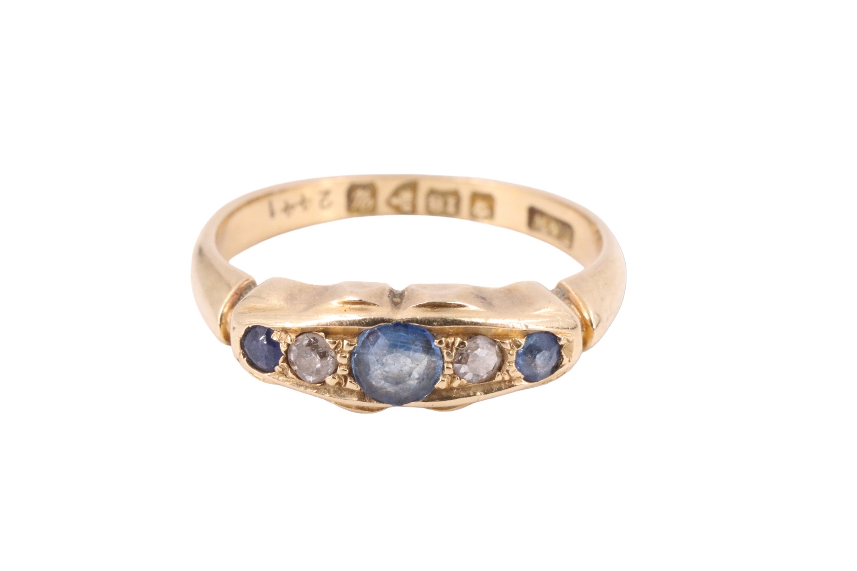 A George V sapphire and diamond finger ring, having a central 3 mm sapphire between two eight cut - Image 2 of 4