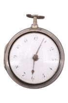 A George III silver pair-cased pocket watch, having a verge movement, white enamel face, copper