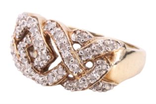 A contemporary diamond interlace dress ring, having adorse interlaced openwork, line set with 44