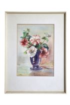 L James A floral still life depicting four large red blossoms billowing over a blue vase,