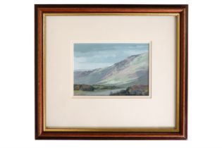 L Barham A bold landscape study with a road set before a towering, sloping fell, gouache on paper,