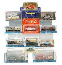 A quantity of boxed diecast metal model cars, caravans etc