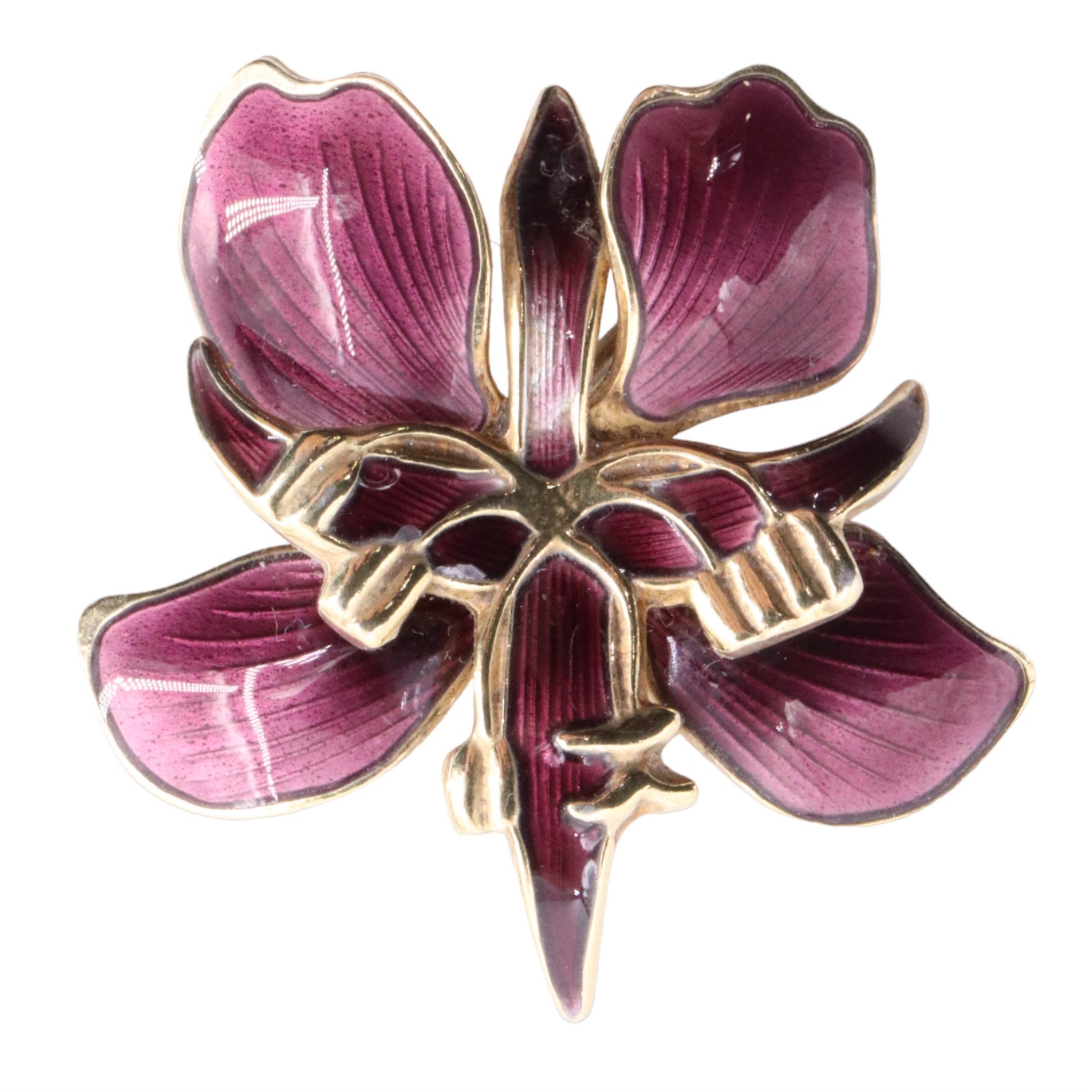 A late 20th Century purple orchid brooch by David Anderson, Norway, having basse-taille enamelled