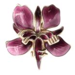 A late 20th Century purple orchid brooch by David Anderson, Norway, having basse-taille enamelled