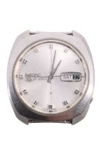 A 1970s Seiko 5 wristwatch, having a 21 jewel automatic movement, brushed silver face, baton