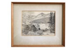 Alfred Wainwright "Borrowdale", pen-and-ink drawing, the card mount bearing title and autograph