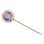 A Victorian enamelled and engraved sixpence coin stick pin