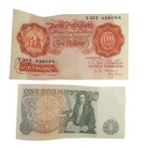 An O'Brien Bank of England 10 shillings banknote together with a Page £1 note