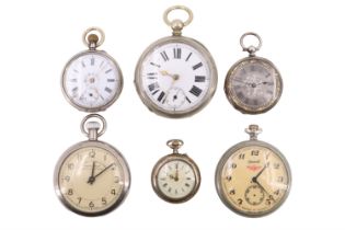 A group of pocket watches, comprising LA Pive KFS, Ingersoll, a Railway Timekeeper, and three fob