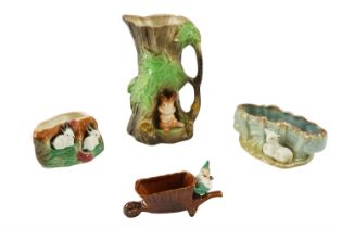 Hornsea Fauna ware including a vase, 21 cm, together with two posy vases and Sylvac wheelbarrow with