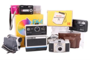 A group of vintage cameras, comprising an Agfa, Kodak Instamatic 91 and EK4 instant camera, a Pentax