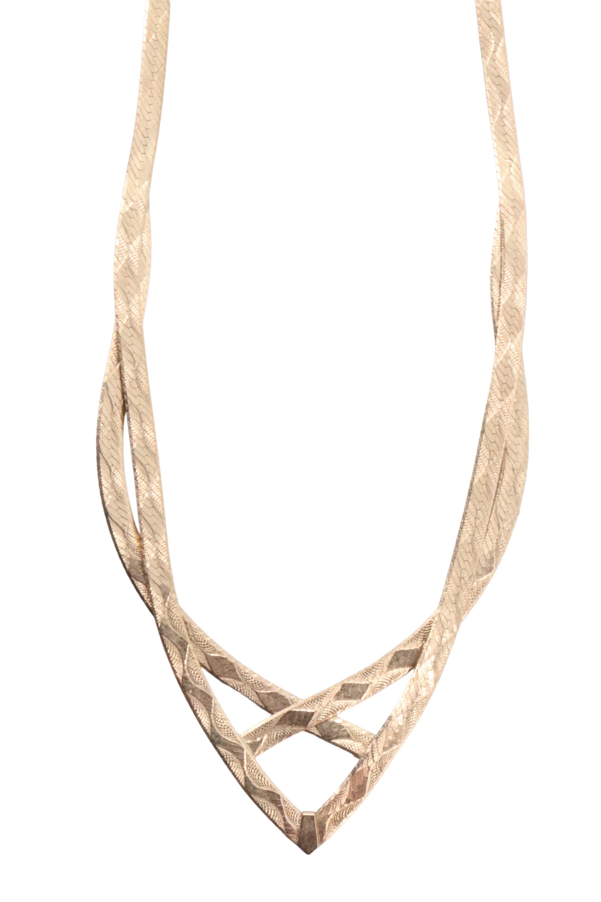 A 1980s 9 ct gold ribbon necklace, the front forming an open chevron and having engine turned - Image 2 of 4
