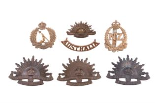 A New Zealand 16th (Waikato) Regiment cap badge and other ANZAC insignia