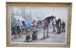 Rosemary Sarah Welch (b.1946) A rustic depiction of farriers changing the shoes of two dray horses