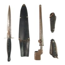 Two Second World War British army clasp knives together with a No 4 bayonet and a post-War third