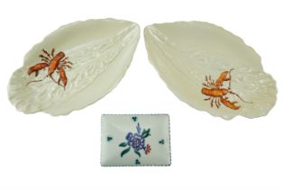 A signed Poole pottery covered box and a pair of Carlton Ware lobster decorated dishes, box 11.5 x