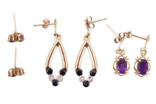 Three pairs of late 20th Century earrings, comprising 6 x 4 mm amethyst pendants, studs and pendants
