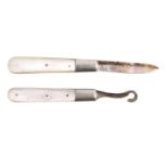 A small Victorian silver and mother-of-pearl fruit knife and a button hook, both by James Fenton,