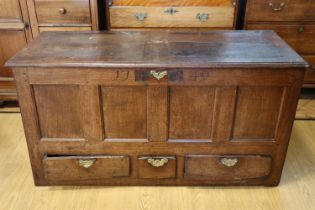 A George II joined oak mule chest dated 1749, 139 x 56 x 74 cm