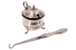 A 1910 Walker & Hall silver mustard pot together with a Victorian silver-handled glove hook