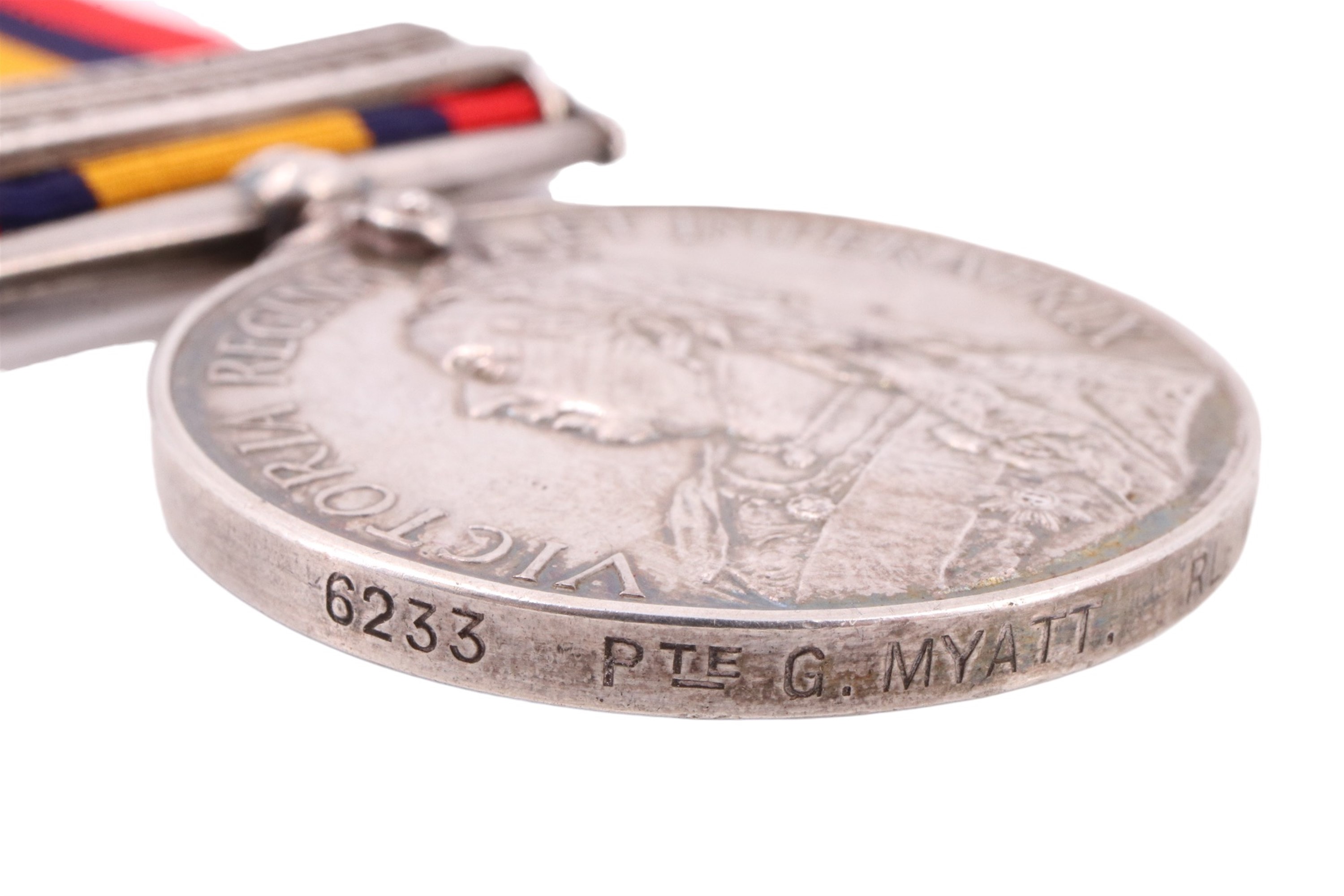 A Queen's South Africa Medal with two clasps to 6233 Pte G Myatt, Rl Warwick Regt, with research - Image 3 of 7