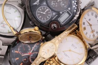 A group of boxed wrist watches, including a Seiko Kinetic, Swiss Explorer, Rotary, P NY London, etc