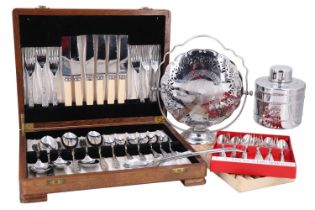 A canteen of chromium-plated cutlery together with a boxed set of Oneida Community Plate cake