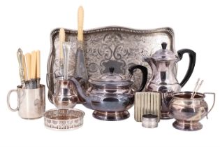 A George V silver plated four piece teaset by Garrard and Co, together with a tankard, fish servers,