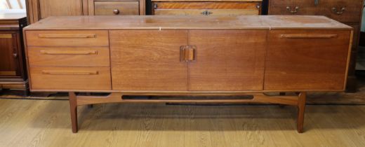 A 1960s teak sideboard by Beithcraft Ltd, Beith, Scotland, maker's label inside drawer, 214 x 47 x