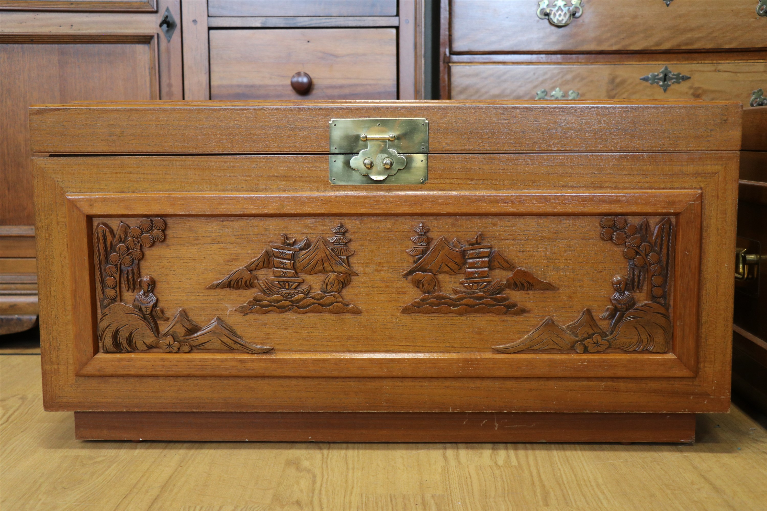 A pair of carved Oriental camphor chests, late 20th century, 92 x 44 x 47 cm - Image 2 of 4