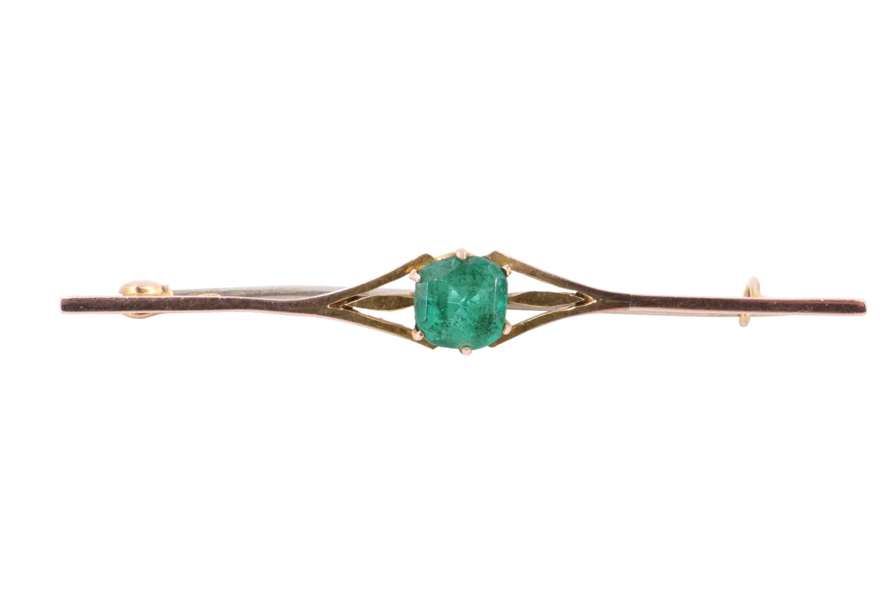 An early 20th Century emerald coloured paste and 9 ct yellow metal bar brooch, 5.5 cm, 2.3 g