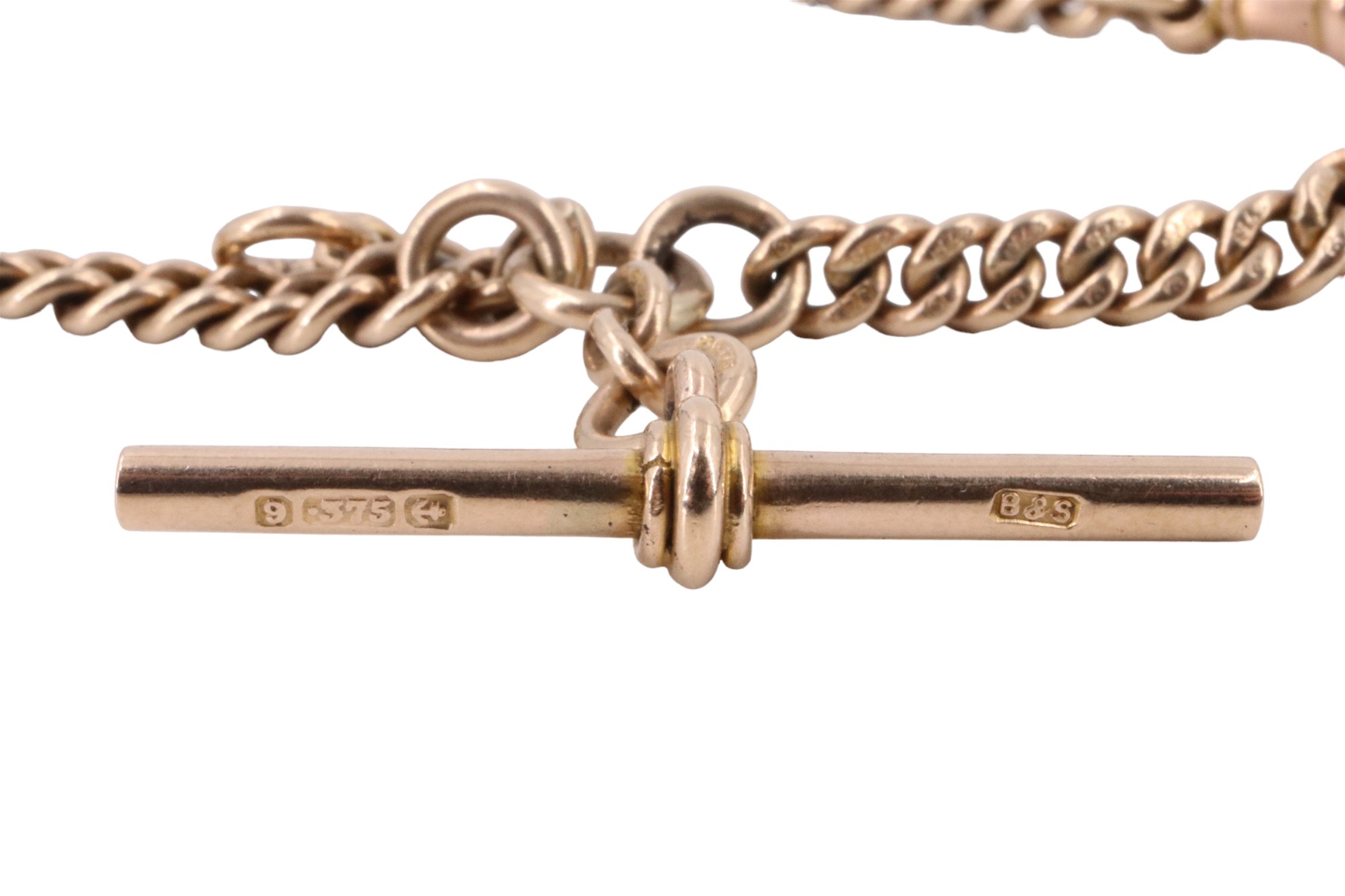 An antique 9 ct gold double watch chain of graded curb links with T-bar and swivels, 38 cm, 34 g - Image 2 of 3